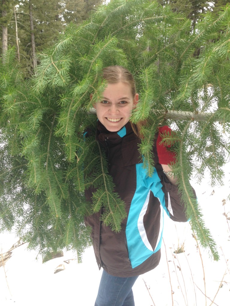 Lauren carries the tree down the mountain